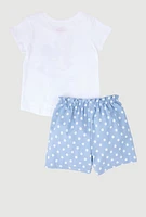 Little Girls Minnie Glitter Graphic Tee and Polka Dot Shorts, Blue, Size 5-6