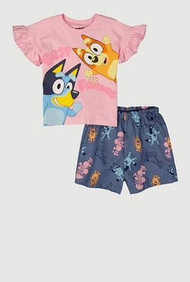 Little Girls Bluey Flutter Sleeve Graphic Tee and Shorts, Pink, Size 6X