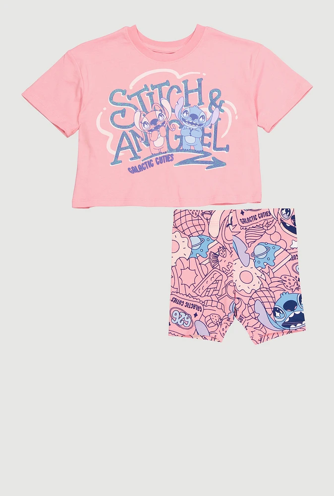 Little Girls Stitch and Angel Graphic Tee and Biker Shorts, Pink, Size 6X