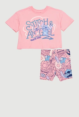 Little Girls Stitch and Angel Graphic Tee and Biker Shorts, Pink, Size 6X