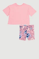 Little Girls Stitch and Angel Graphic Tee and Biker Shorts, Pink, Size 6X
