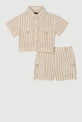Little Girls Striped Shirt and Cargo Pocket Shorts, Beige,