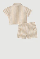 Little Girls Striped Shirt and Cargo Pocket Shorts, Beige,