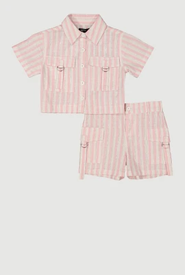Little Girls Striped Shirt and Cargo Pocket Shorts, Pink, Size 5-6