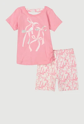 Little Girls Bow Graphic Print Top and Biker Shorts, Pink, Size 6X