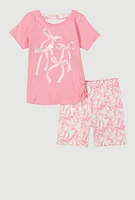 Little Girls Bow Graphic Print Top and Biker Shorts, Pink, Size 6X