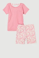 Little Girls Bow Graphic Print Top and Biker Shorts, Pink, Size 4