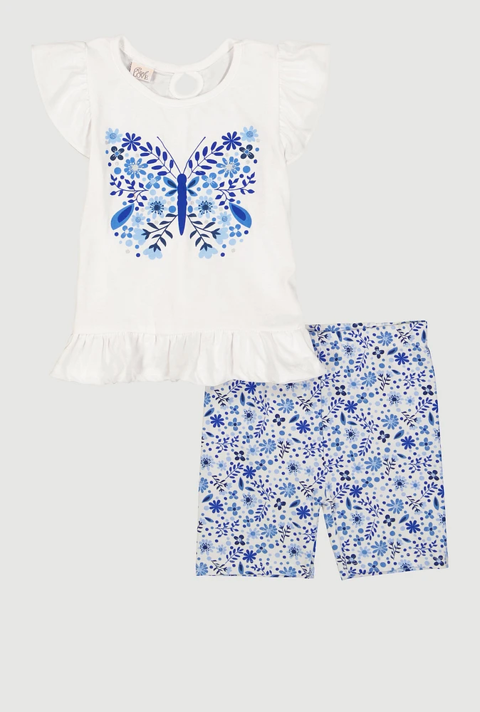 Little Girls Butterfly Floral Print Top and Shorts, Multi, Size 6X