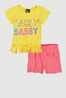 Little Girls Sassy Fringe Tee and Shorts, Multi, Size 4