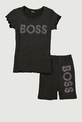 Little Girls Rhinestone Boss Graphic Tee and Biker Shorts, Grey, Size 4