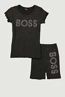 Little Girls Rhinestone Boss Graphic Tee and Biker Shorts, Grey, Size 6X