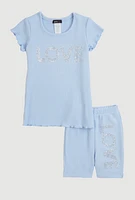 Little Girls Love Rhinestone Top and Shorts, Blue, Size 4
