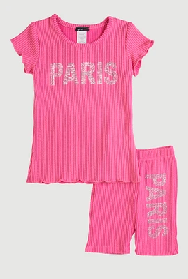 Little Girls Rhinestone Paris Graphic Tee and Biker Shorts, Pink, Size 4