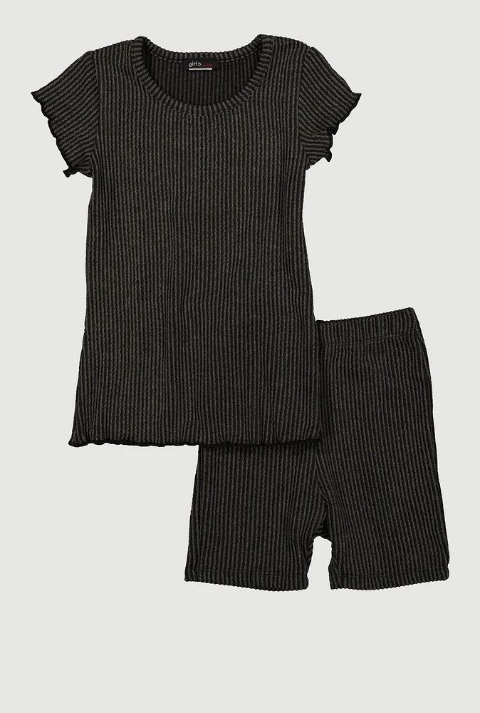 Little Girls Lettuce Edge Rib Knit Tee and Shorts, Grey, Size 5-6