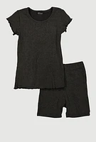 Little Girls Lettuce Edge Rib Knit Tee and Shorts, Grey, Size 5-6