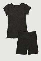 Little Girls Lettuce Edge Rib Knit Tee and Shorts, Grey, Size 5-6