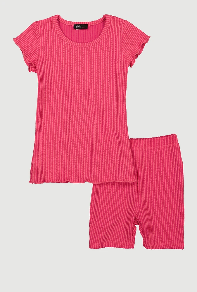 Little Girls Lettuce Edge Rib Knit Tee and Shorts, Pink, Size 5-6