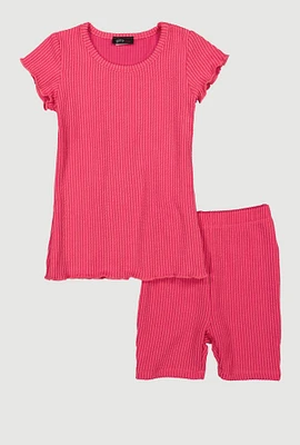 Little Girls Lettuce Edge Rib Knit Tee and Shorts, Pink, Size 5-6