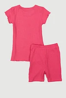 Little Girls Lettuce Edge Rib Knit Tee and Shorts, Pink, Size 5-6