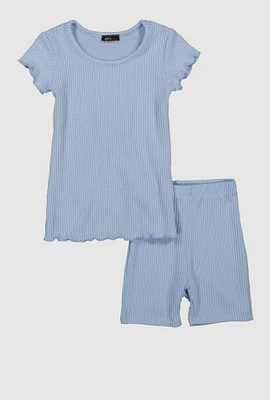 Little Girls Lettuce Edge Rib Knit Tee and Shorts,
