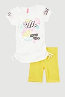 Little Girls Side Ruched Cool Graphic Tee and Biker Shorts, Yellow, Size 6X