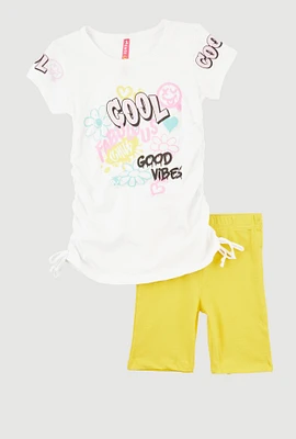 Little Girls Side Ruched Cool Graphic Tee and Biker Shorts, Yellow, Size 6X