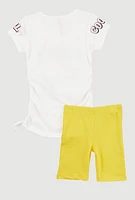 Little Girls Side Ruched Cool Graphic Tee and Biker Shorts, Yellow, Size 6X