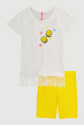 Little Girls Fringe Graphic Print Top and Biker Shorts, Yellow,