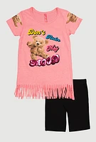 Little Girls Fringe Graphic Print Top and Biker Shorts, Pink, Size 5-6