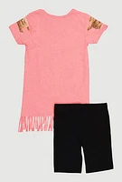 Little Girls Fringe Graphic Print Top and Biker Shorts, Pink, Size 5-6