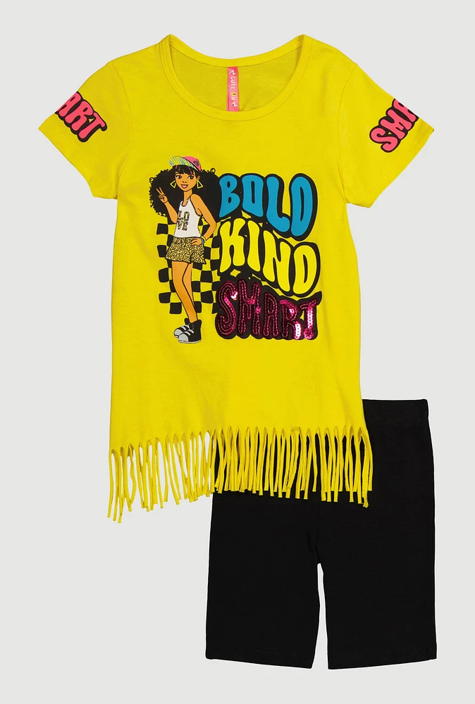 Little Girls Bold Kind Smart Graphic Fringe Tee and Shorts, Yellow, Size 6X