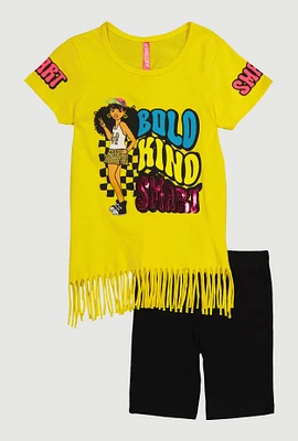 Little Girls Bold Kind Smart Graphic Fringe Tee and Shorts, Yellow, Size 6X