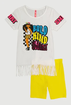 Little Girls Bold Kind Smart Graphic Fringe Tee and Shorts, Yellow, Size 4