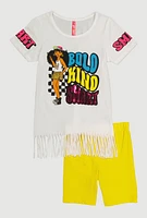 Little Girls Bold Kind Smart Graphic Fringe Tee and Shorts, Yellow, Size 4