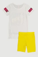 Little Girls Bold Kind Smart Graphic Fringe Tee and Shorts, Yellow, Size 4