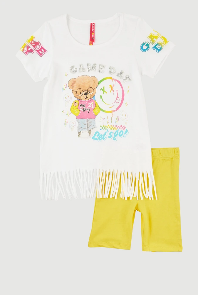 Little Girls Sequin Game Day Graphic Tee and Biker Shorts, Yellow, Size 4