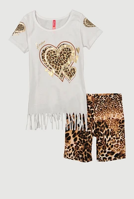 Little Girls Love Fringe Tee and Animal Print Shorts, Multi, Size 4
