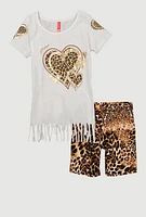 Little Girls Love Fringe Tee and Animal Print Shorts, Multi, Size 4