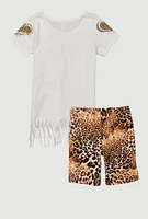 Little Girls Love Fringe Tee and Animal Print Shorts, Multi, Size 4