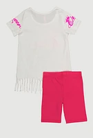 Little Girls Queen Vibes Fringe Tee and Shorts, Pink, Size 4