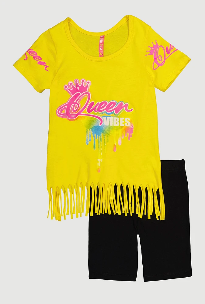 Little Girls Queen Vibes Fringe Tee and Shorts, Yellow, Size 4