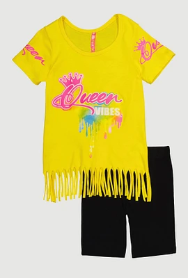 Little Girls Queen Vibes Fringe Tee and Shorts, Yellow, Size 4