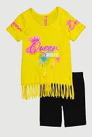 Little Girls Queen Vibes Fringe Tee and Shorts, Yellow, Size 4