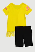 Little Girls Queen Vibes Fringe Tee and Shorts, Yellow, Size 4