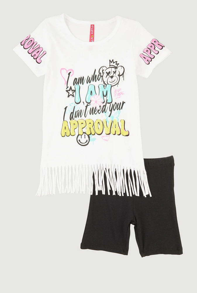 Little Girls Sequin Approval Graphic Print Tee and Biker Shorts, Multi, Size 4