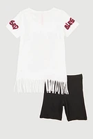 Little Girls Out Here Being Blessed Graphic Fringe Tee and Shorts, White, Size 4