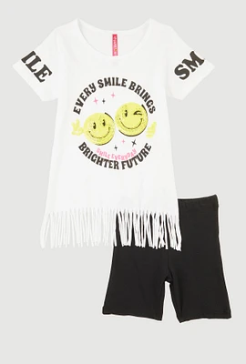 Little Girls Smile Sequin Graphic Fringe Tee and Shorts, White, Size 4