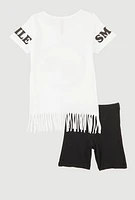 Little Girls Smile Sequin Graphic Fringe Tee and Shorts, White, Size 6X