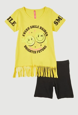 Little Girls Smile Sequin Graphic Fringe Tee and Shorts, White, Size 4