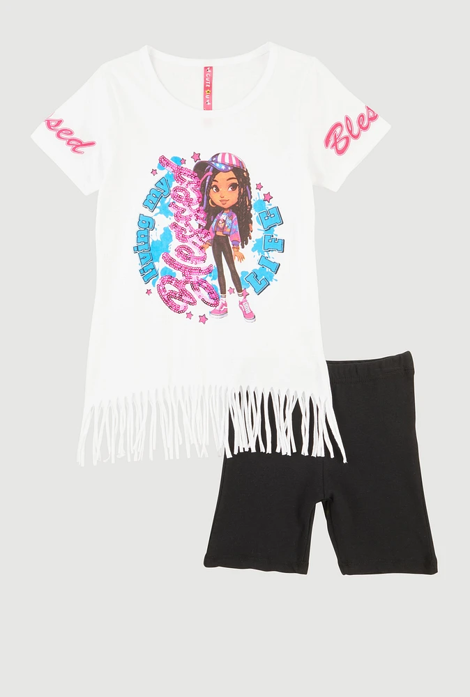 Little Girls Living My Blessed Life Graphic Fringe Tee and Shorts, White, Size 4